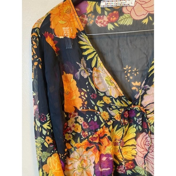 Vintage Y2K Boho Lemon Collection Floral Sheer Deep V Mini Dress Swim coverup - Picture 16 of 16